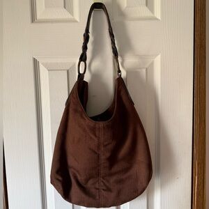 Brown Soft Fabric Shoulder Hobo Bag with braided handle